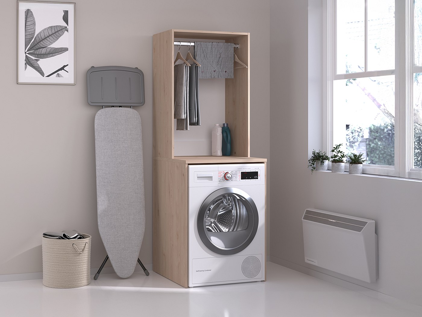 Meuble de buanderie pour machine à laver avec tringle - L65 x H184 cm