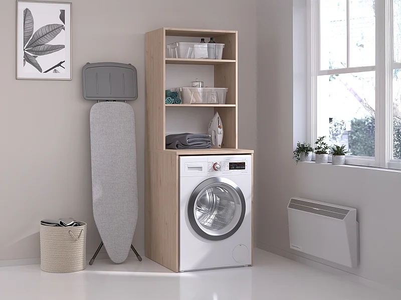 Meuble pour machine à laver avec étagères - Naturel clair - L65 x H184 cm - ERKANO