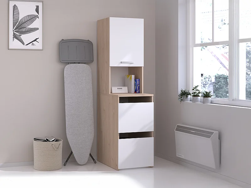 Mueble de baño con armarios y estantes - Natural claro y blanco - L47 x Alt. 184 cm - ERKANO