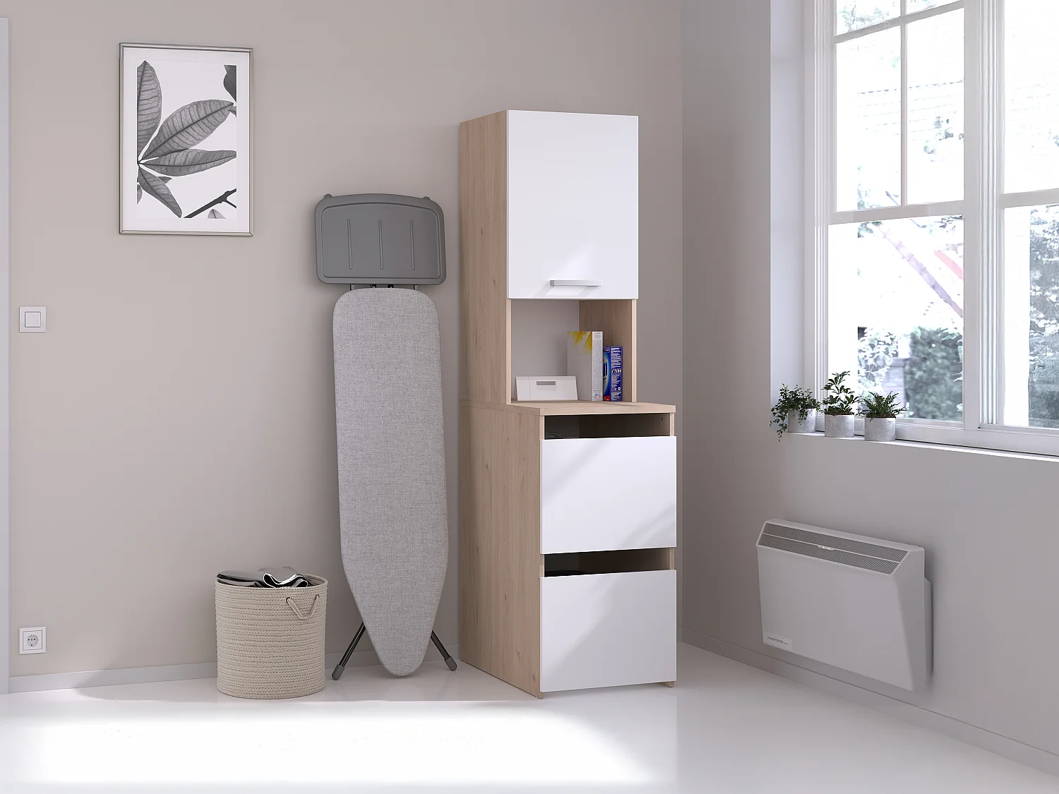 Rangement de salle de bain avec placards et étagères  - Naturel clair et blanc - L47 x H184 cm - ERKANO