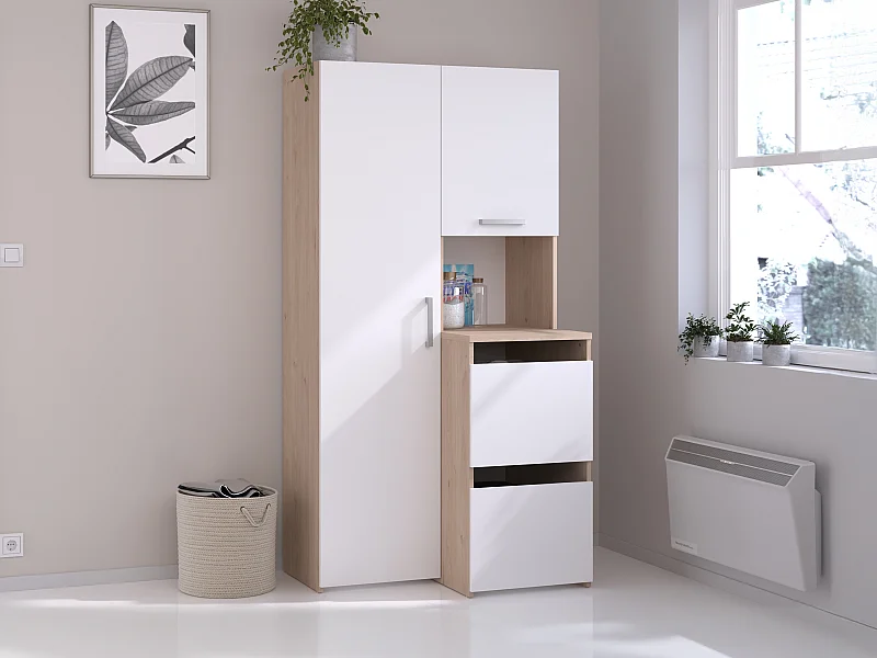 Vani portaoggetti per bagno con armadietti , scaffali e colonna L92xH184cm Naturale chiaro e Bianco - ERKANO