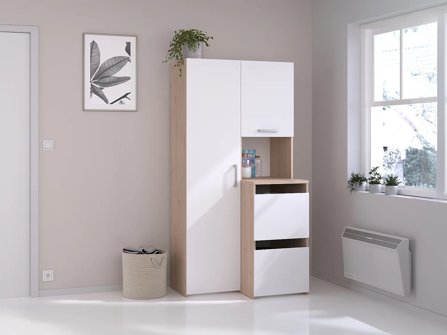 Rangement de salle de bain avec placards, étagères et colonne - Naturel clair et blanc - L92 x H184 cm - ERKANO
