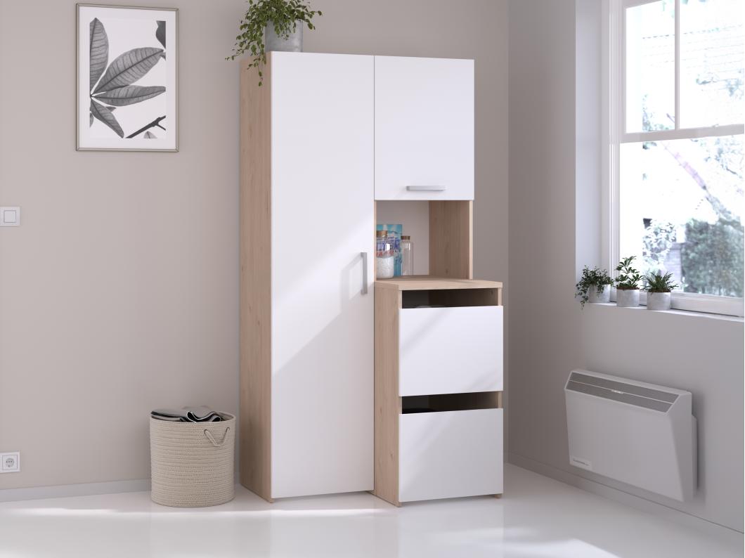 Rangement de salle de bain avec placards, étagères et colonne - Naturel clair et blanc - L92 x H184 cm - ERKANO
