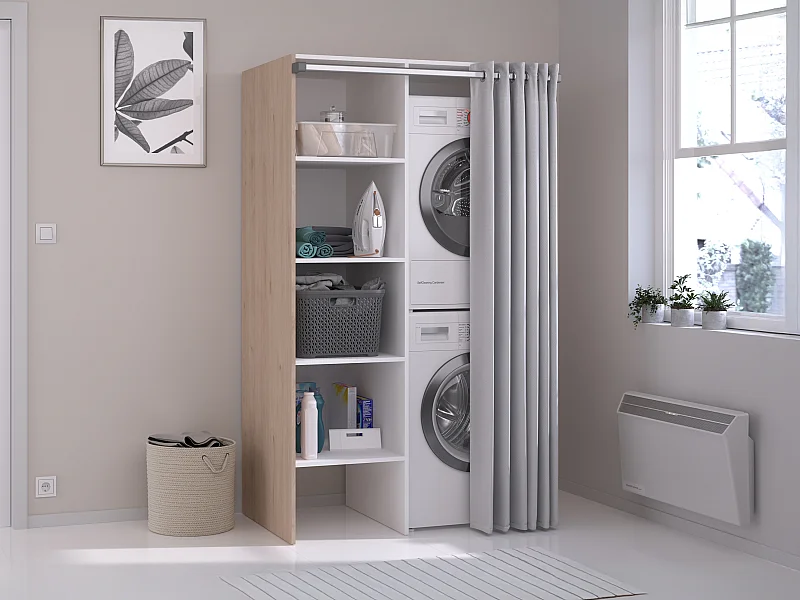 Mobile per lavanderia con tenda per lavatrice doppia L111 x H184 cm Naturale chiaro - JAZANO
