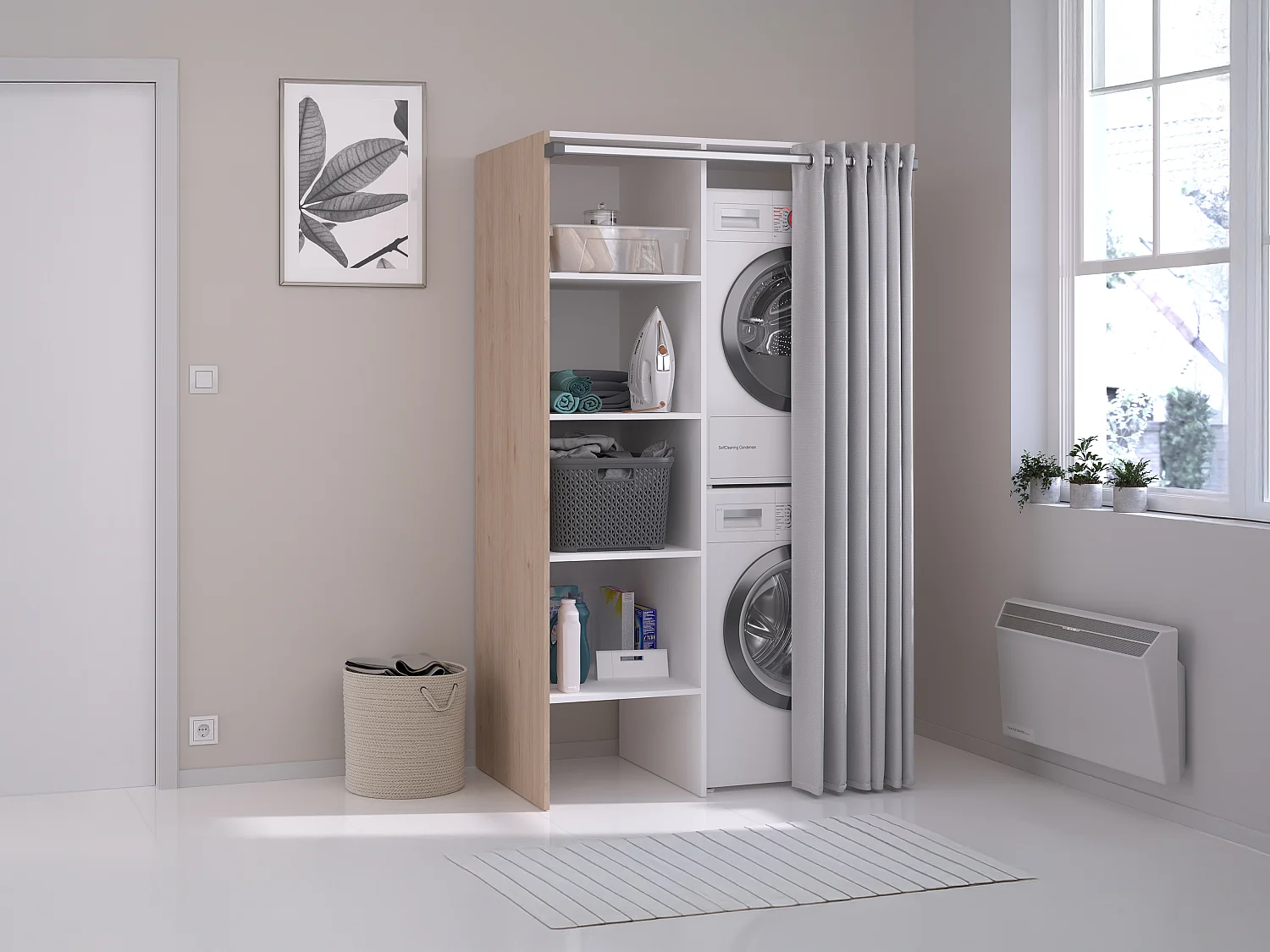 Meuble de buanderie avec rideau pour double machine à laver - Naturel clair - L111 x H184 cm - JAZANO