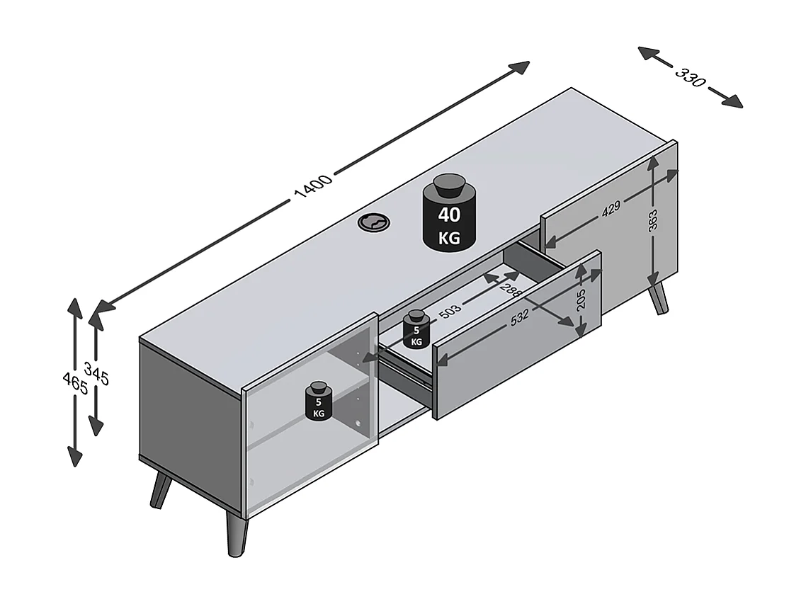 Meuble TV 2 portes 1 tiroir Brighton 2 - L140 cm x 46,5 cm