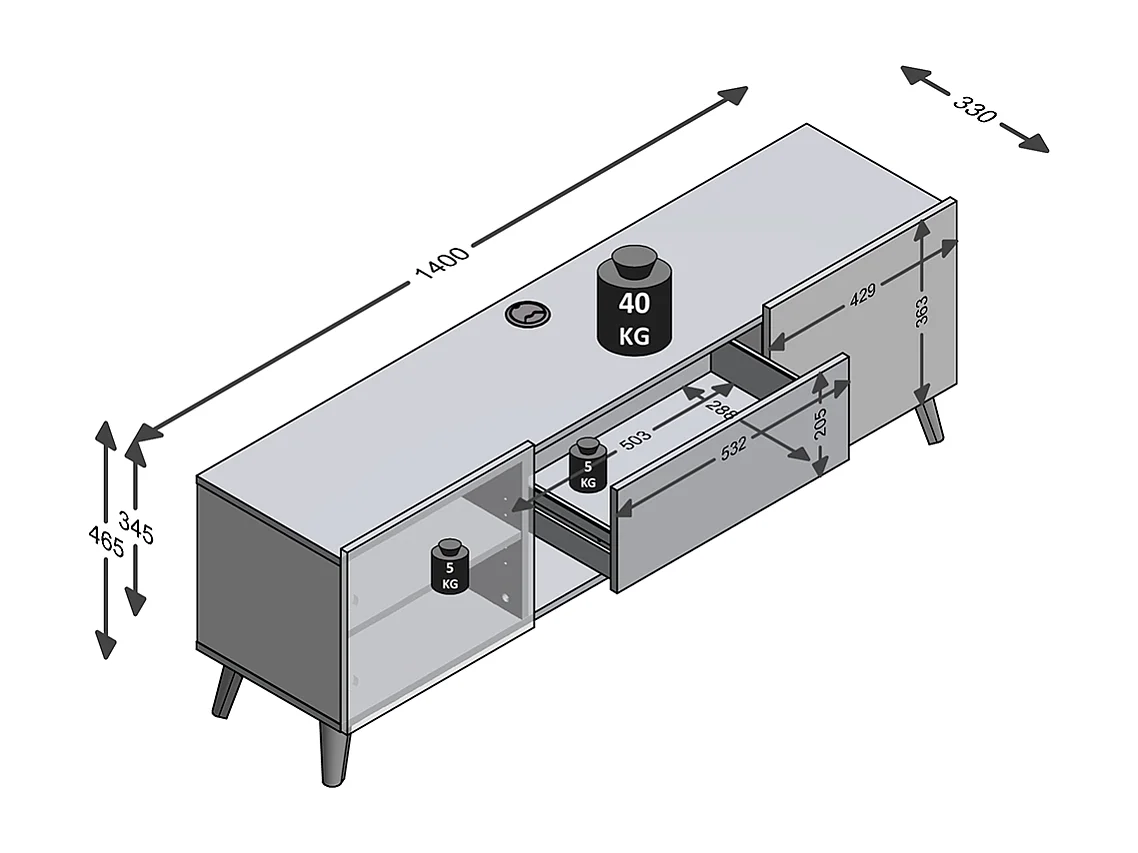 TV-Möbel mit 2 Türen und 1 Schublade Brighton 2 - L140 cm x 46,5 cm