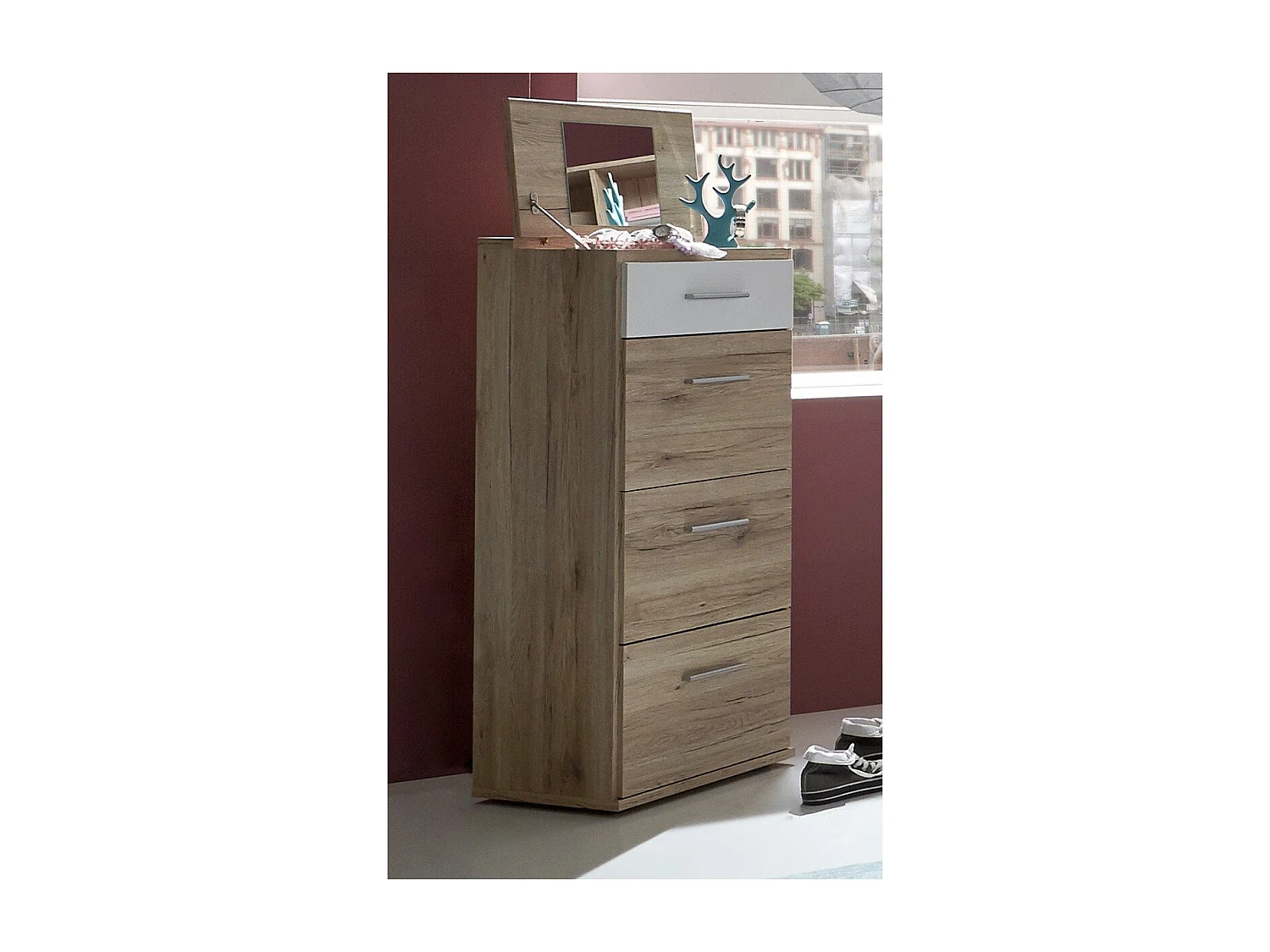 Chiffonnier coiffeuse 4 tiroirs et miroir - L46 cm