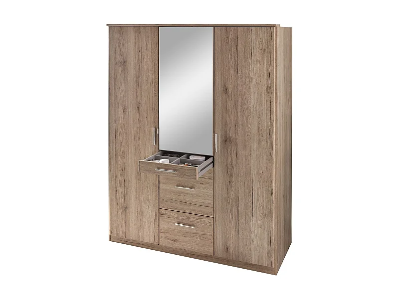 Armoire 3 portes dont 1 miroir, 4 tiroirs - L135 cm
