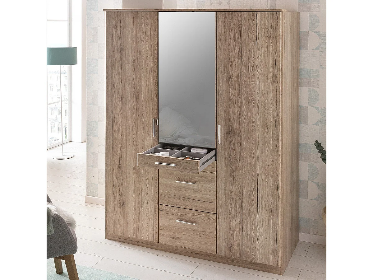 Armoire 3 portes dont 1 miroir, 4 tiroirs - L135 cm