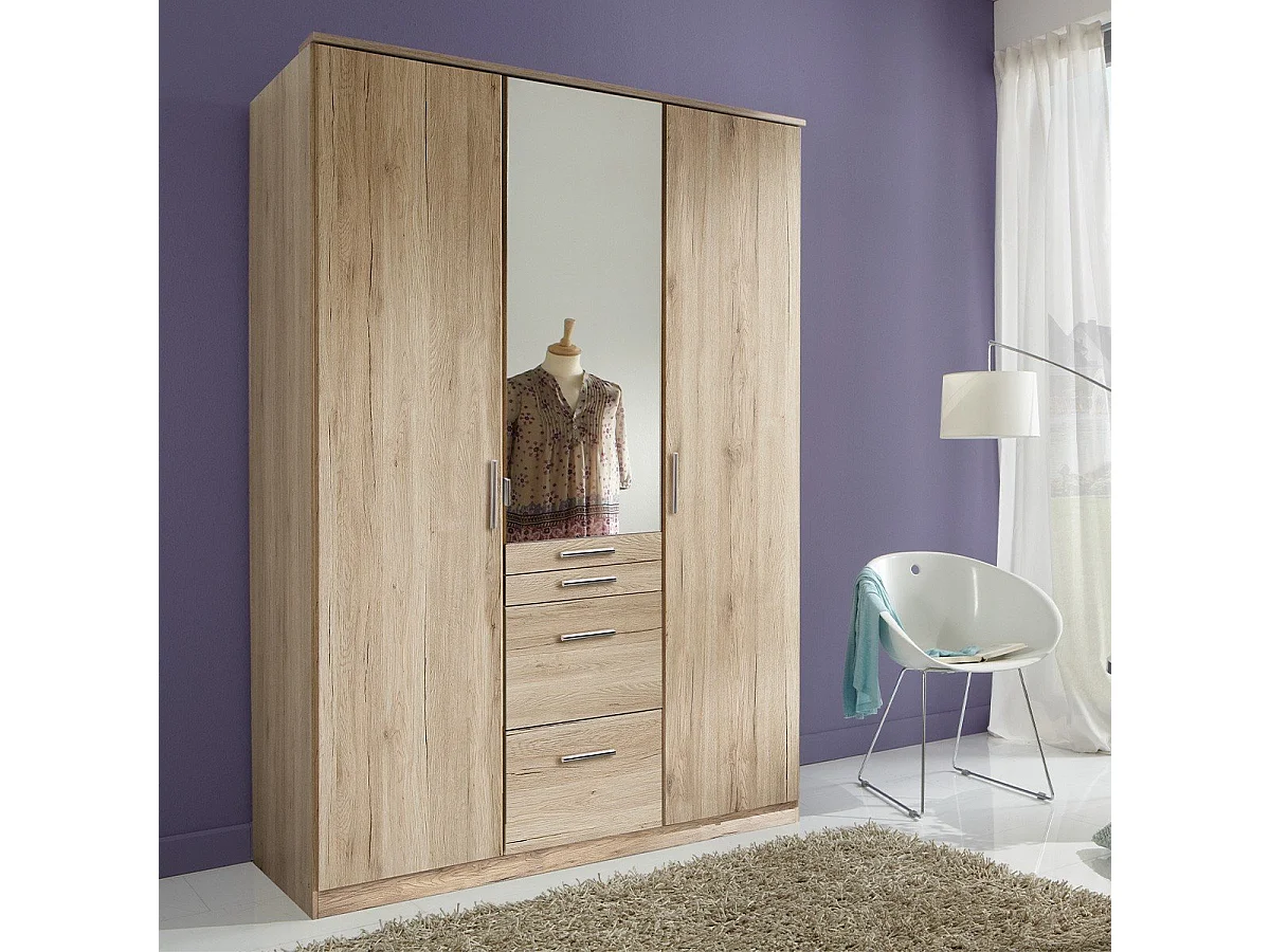 Armoire 3 portes dont 1 miroir, 4 tiroirs - L135 cm