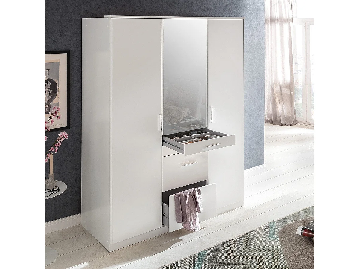 Armoire 3 portes dont 1 miroir, 4 tiroirs - L135 cm