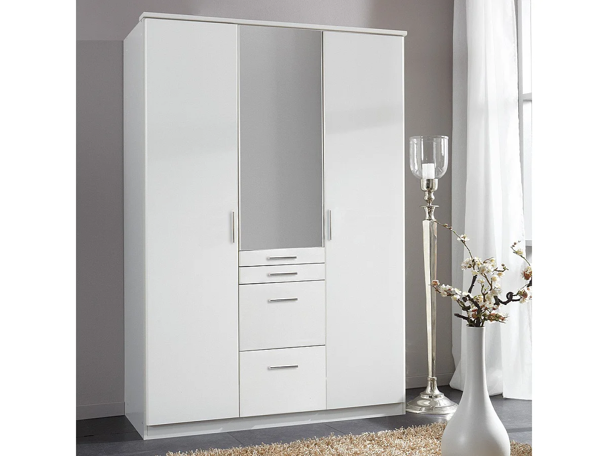 Armoire 3 portes dont 1 miroir, 4 tiroirs - L135 cm