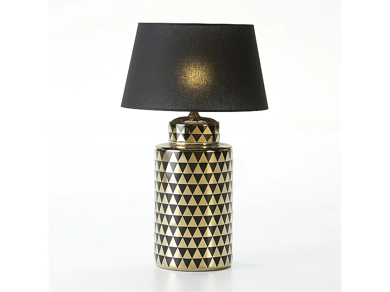 Pied de lampe en céramique motifs damiers noirs et dorés Charlie