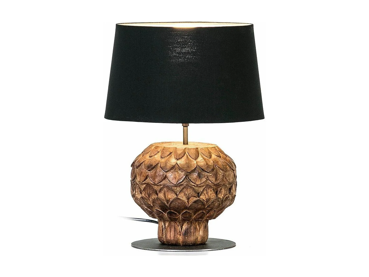 Lampe à poser abat jour tissu noir et pied bois foncé Lavani
