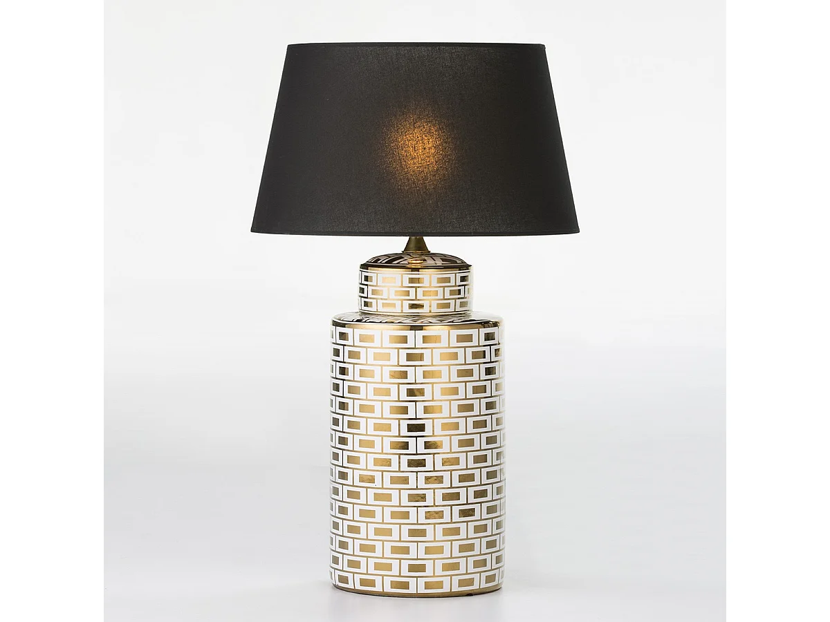 Pied de lampe en céramique motifs damiers blancs et dorés Charlie