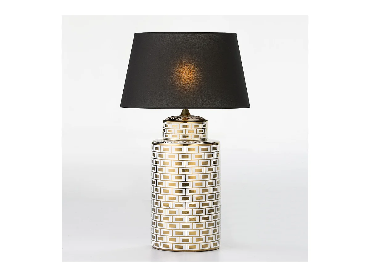 Pied de lampe en céramique motifs damiers blancs et dorés Charlie