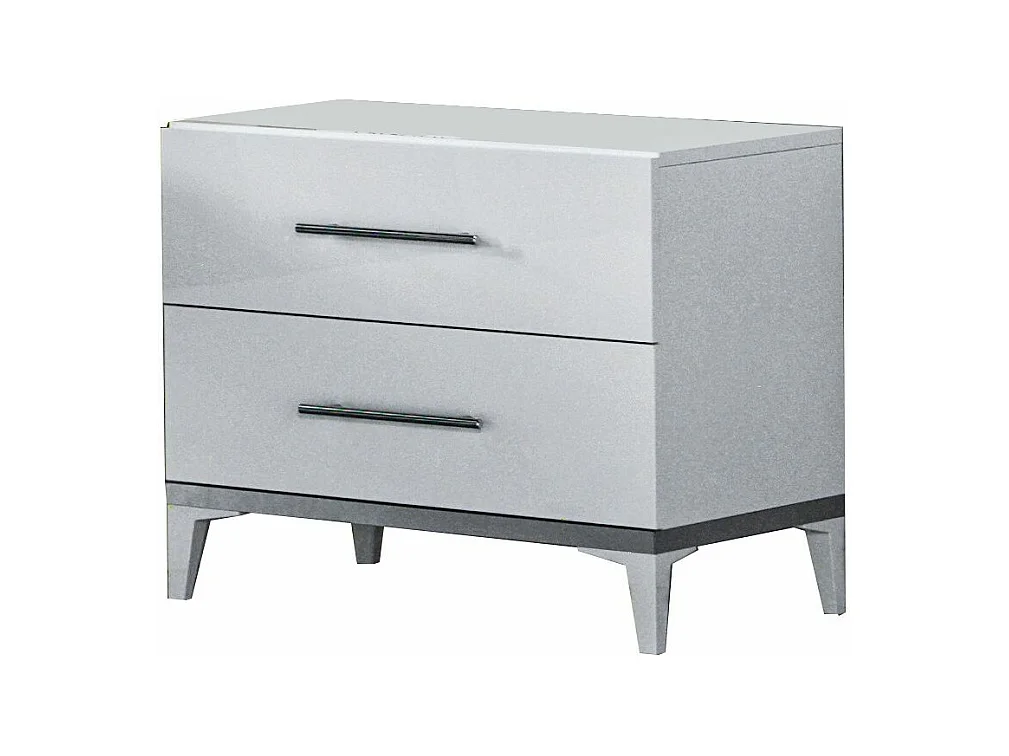 Chevet design 2 tiroirs bois blanc laqué et métal argenté Diamanto 60cm