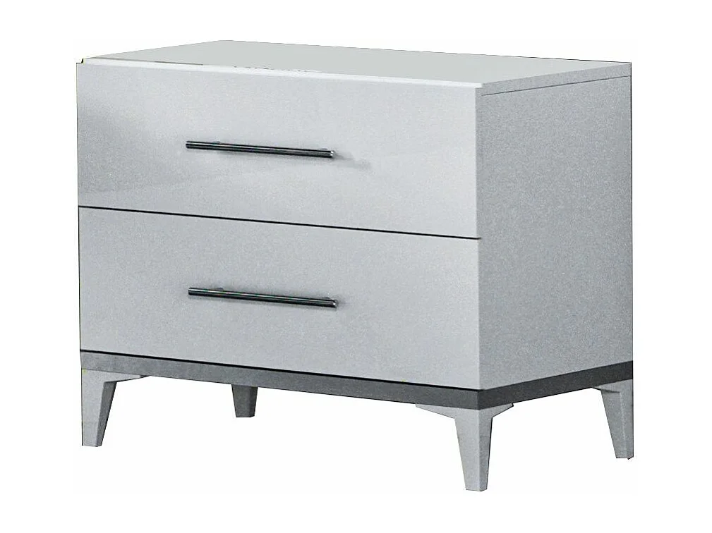 Chevet design 2 tiroirs bois blanc laqué et métal argenté Diamanto 60cm