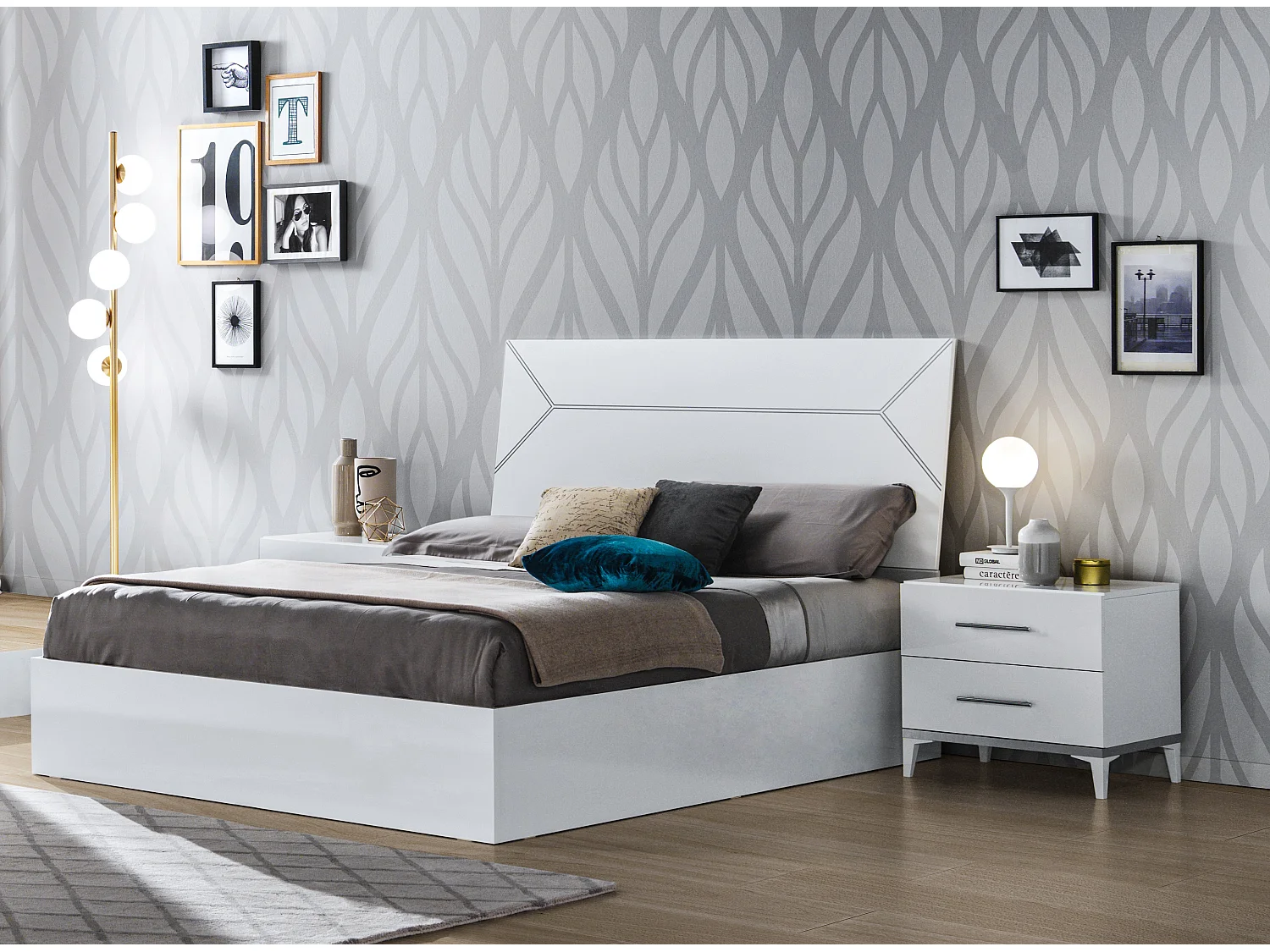 Chevet design 2 tiroirs bois blanc laqué et métal argenté Diamanto 60cm