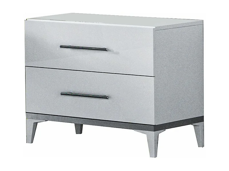Chevet design 2 tiroirs bois blanc laqué et métal argenté Diamanto 60cm