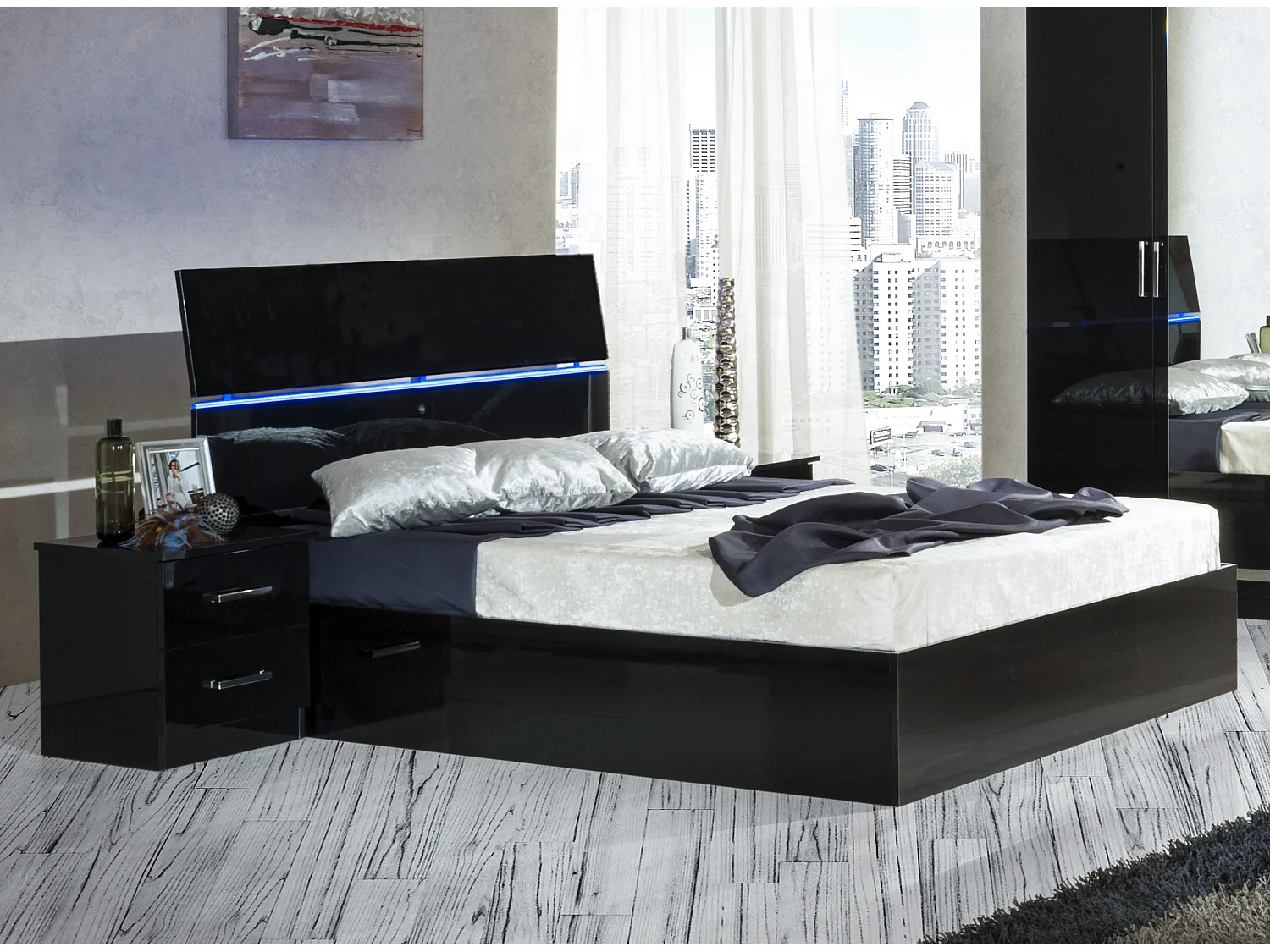 Chevet moderne 2 tiroirs bois noir laqué Mona 50cm