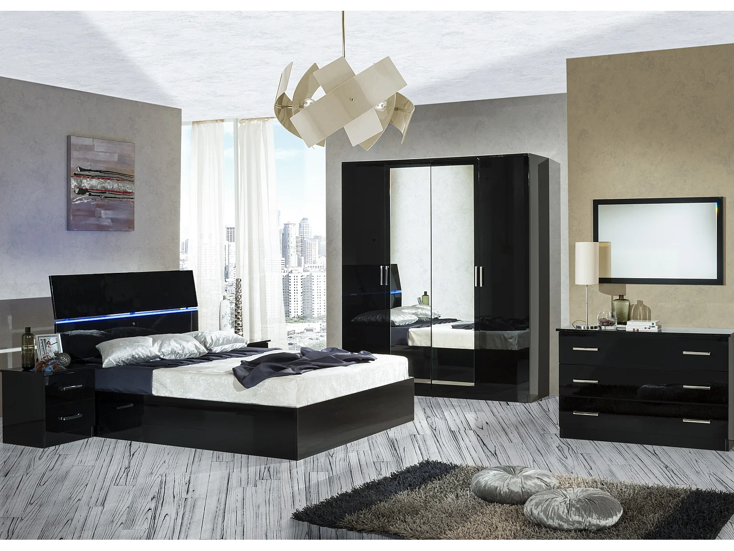 Chevet moderne 2 tiroirs bois noir laqué Mona 50cm