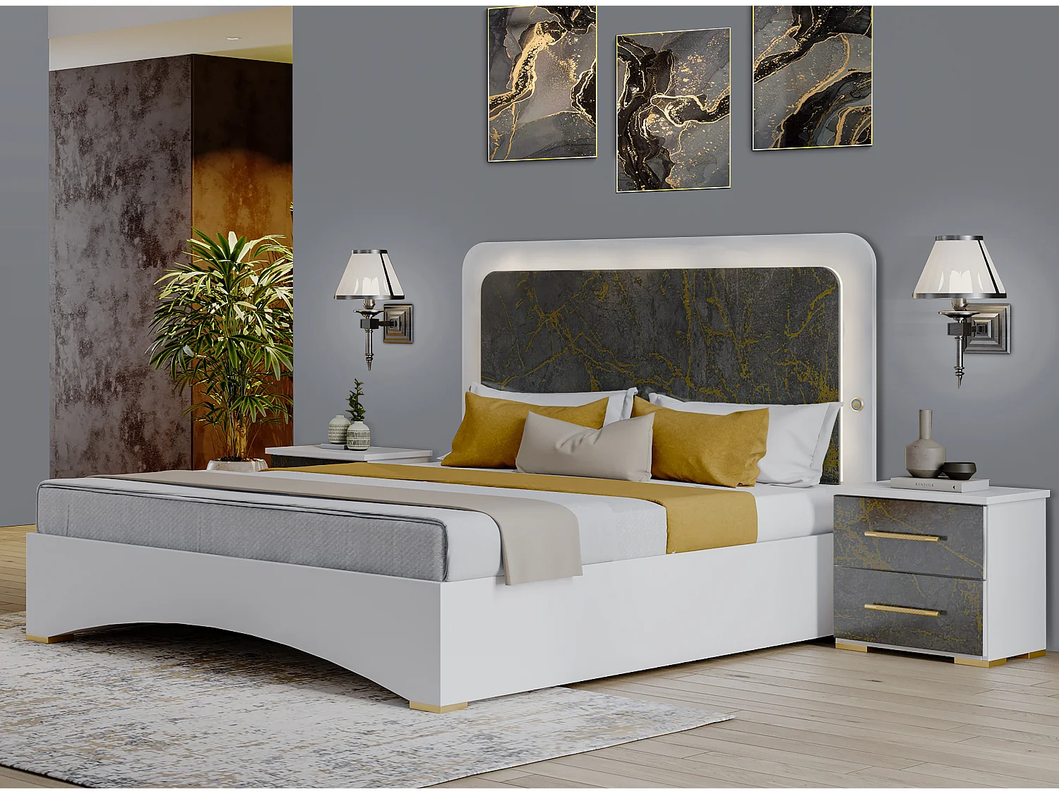 Nachtkastje met 2 lades in wit hout en glanzend grijs gemarmerd goudhout Dova 49 cm