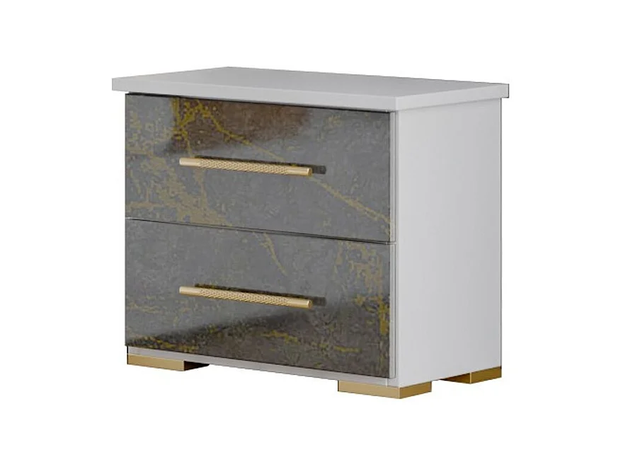 Chevet 2 tiroirs bois blanc et bois gris brillant marbré doré Dova 49cm