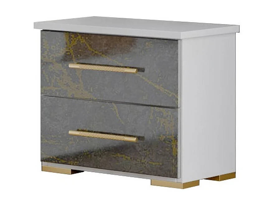 Chevet 2 tiroirs bois blanc et bois gris brillant marbré doré Dova 49cm