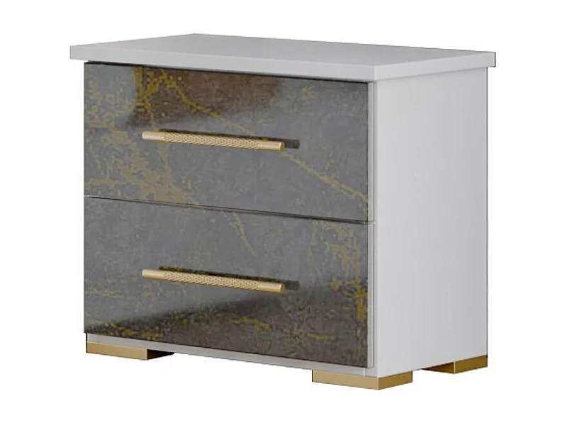 Chevet 2 tiroirs bois blanc et bois gris brillant marbré doré Dova 49cm
