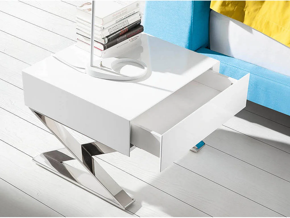 Chevet design 1 tiroir bois laqué et acier chromé Lony-Couleur Céleste