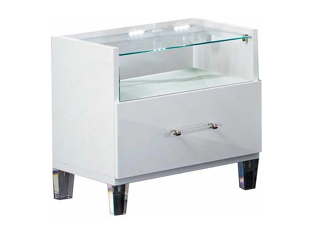 Chevet design bois blanc laqué et verre transparent à Led Krystal 60cm