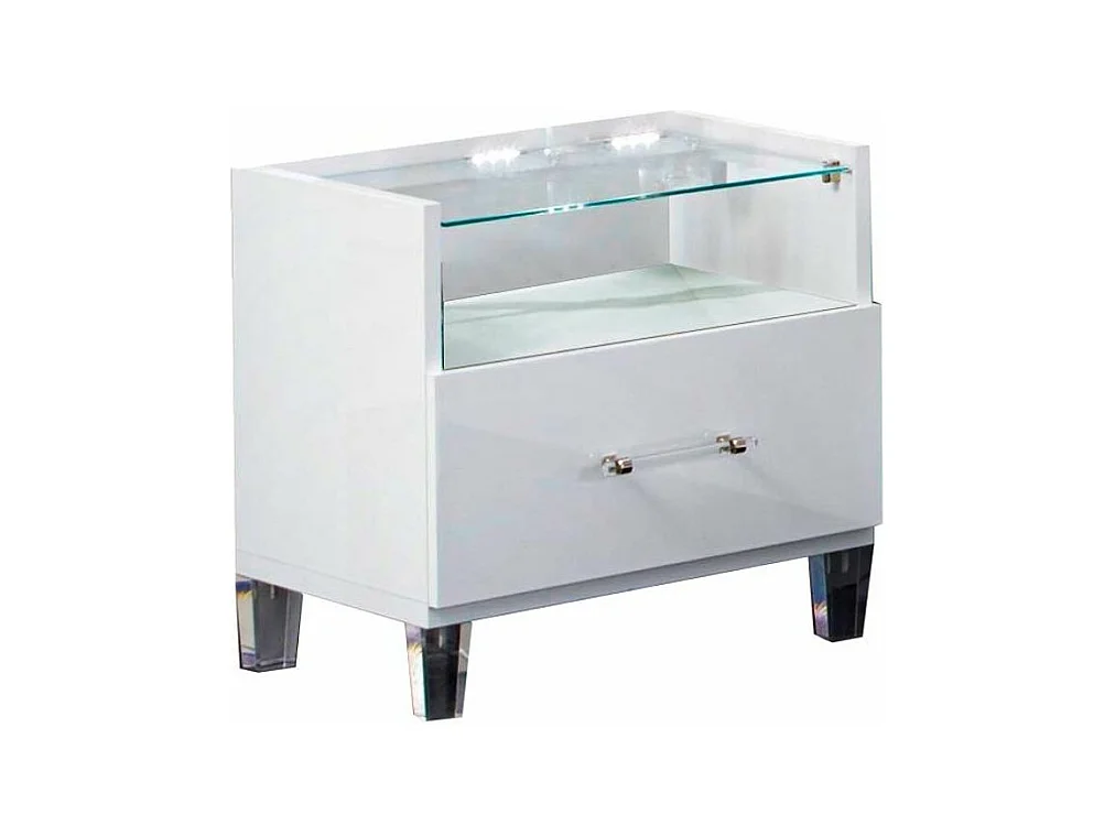 Chevet design bois blanc laqué et verre transparent à Led Krystal 60cm