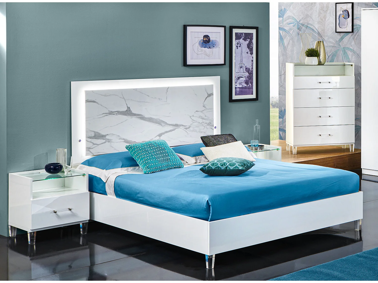 Chevet design bois blanc laqué et verre transparent à Led Krystal 60cm