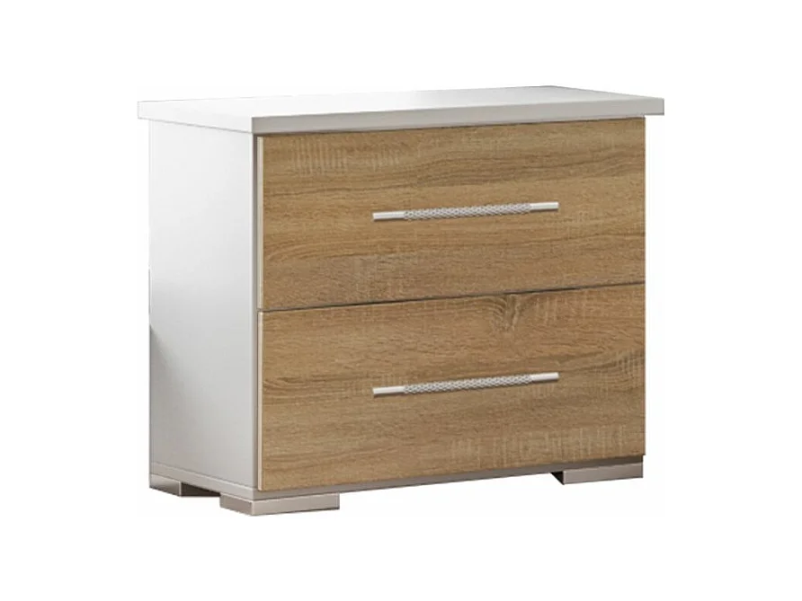 Chevet 2 tiroirs bois blanc brillant et bois naturel mat Dova 49cm