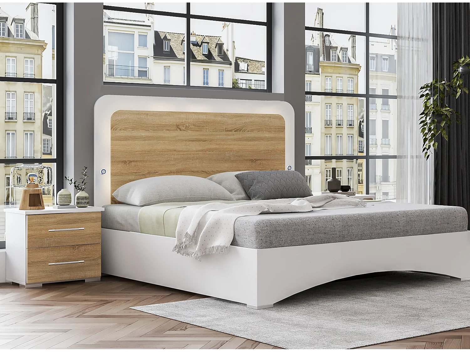 Chevet 2 tiroirs bois blanc brillant et bois naturel mat Dova 49cm