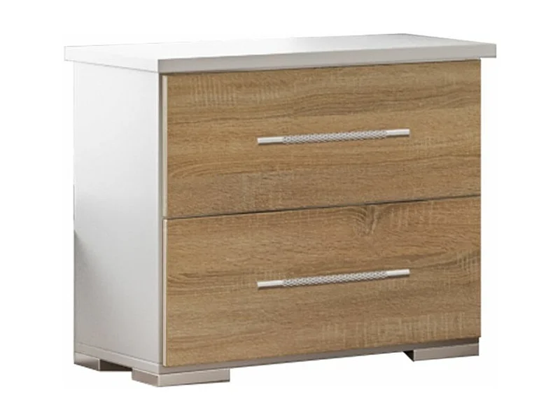 Chevet 2 tiroirs bois blanc brillant et bois naturel mat Dova 49cm