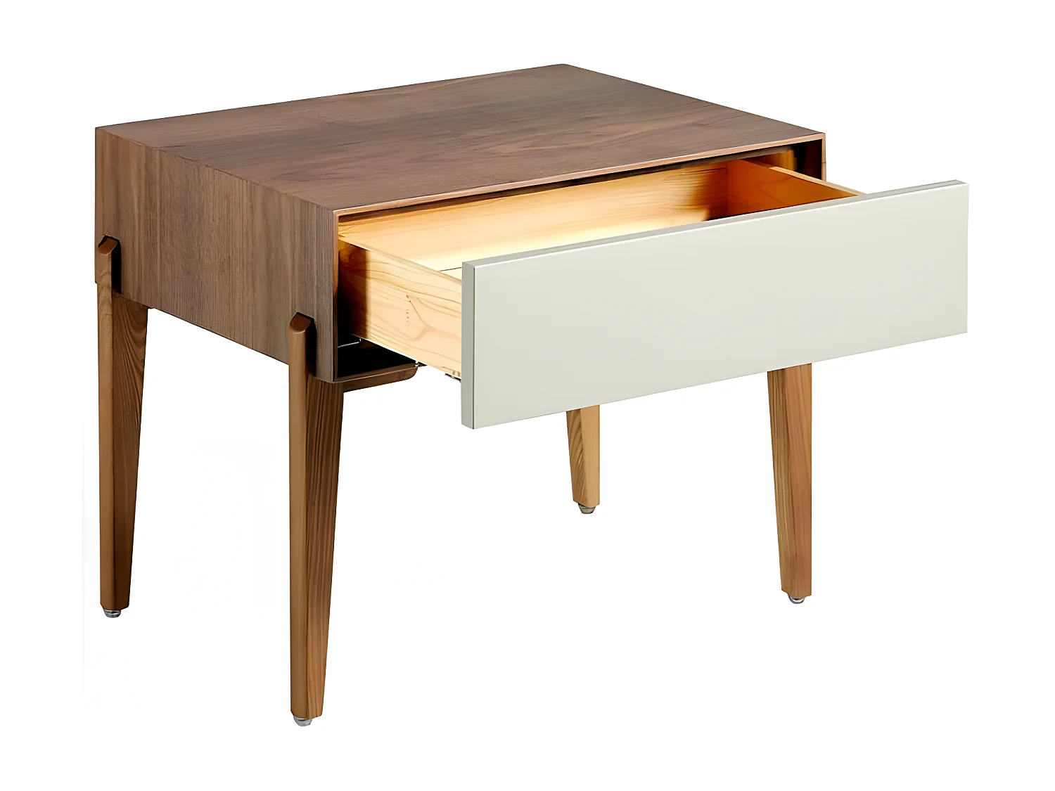Chevet 1 tiroir bois laqué et bois noyer Muza-Couleur Abricot
