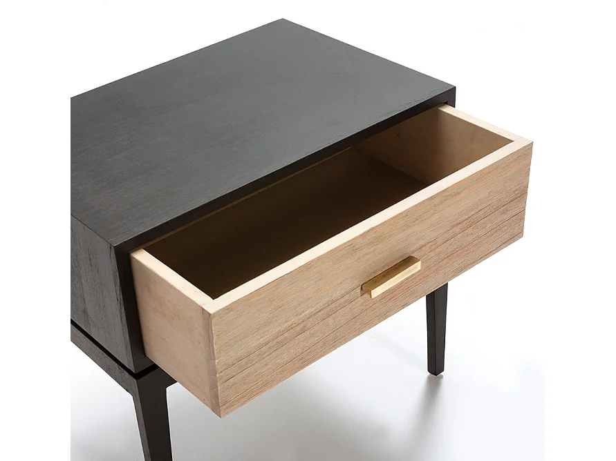 Tachtig licht en zwart houten nachtkastje met 1 lade