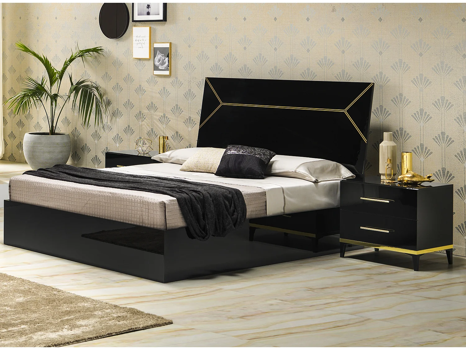 Chevet design 2 tiroirs bois noir laqué et métal doré Diamanto 50cm