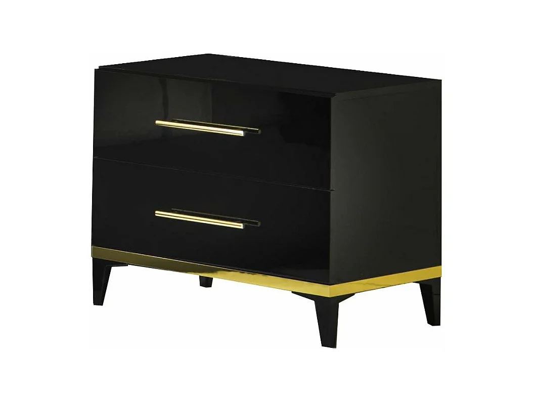 Chevet design 2 tiroirs bois noir laqué et métal doré Diamanto 50cm