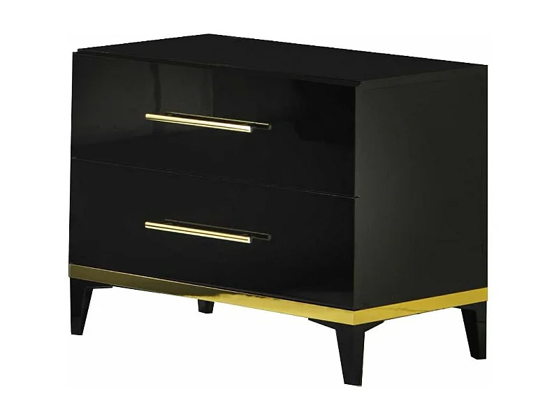 Chevet design 2 tiroirs bois noir laqué et métal doré Diamanto 50cm