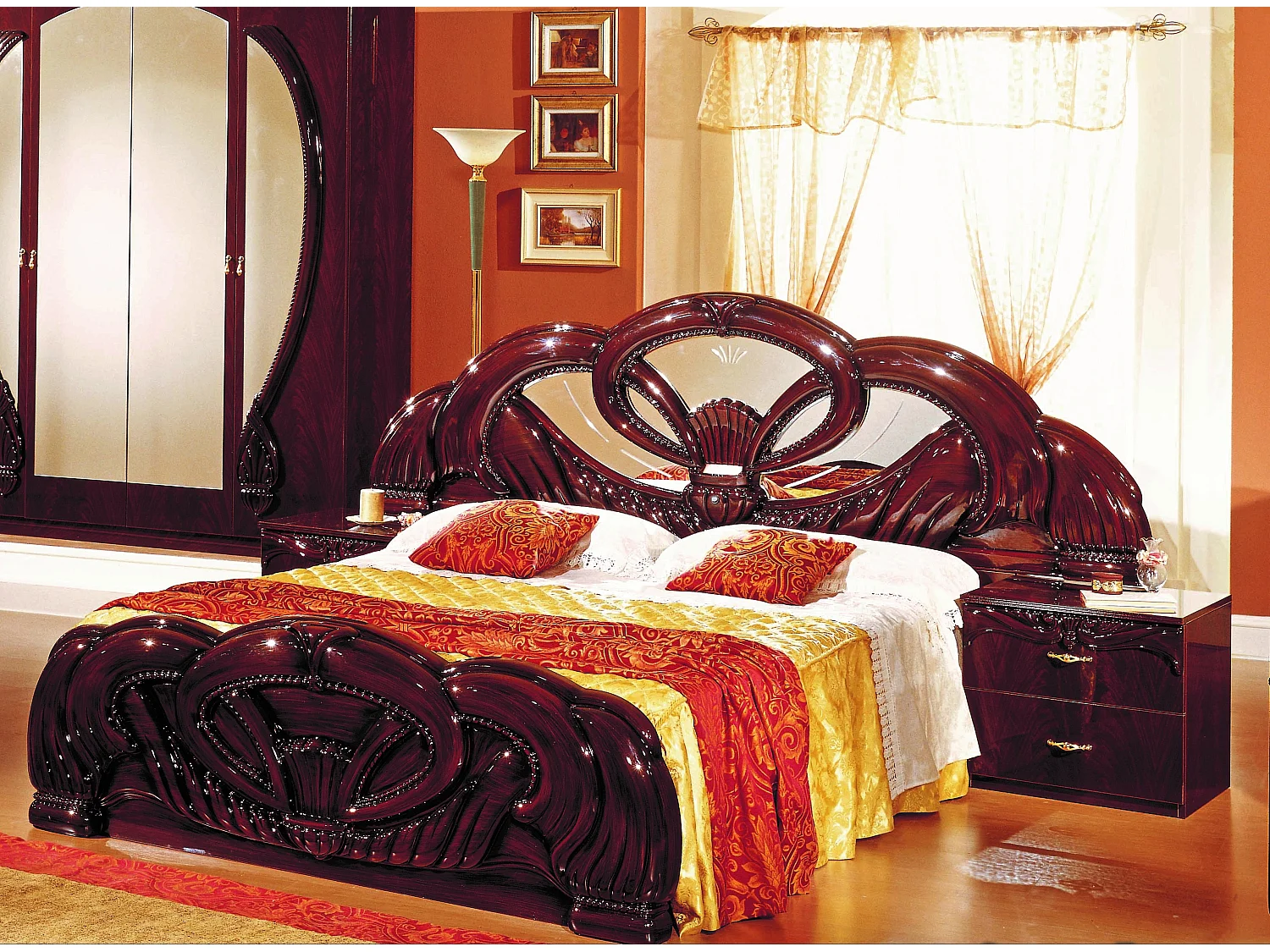 Chevet 2 tiroirs baroque bois brillant acajou Venize 50cm