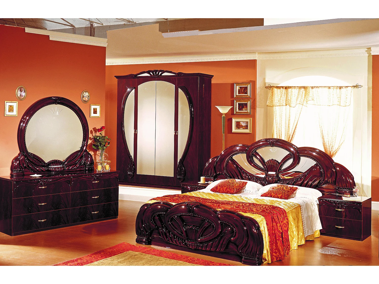 Chevet 2 tiroirs baroque bois brillant acajou Venize 50cm