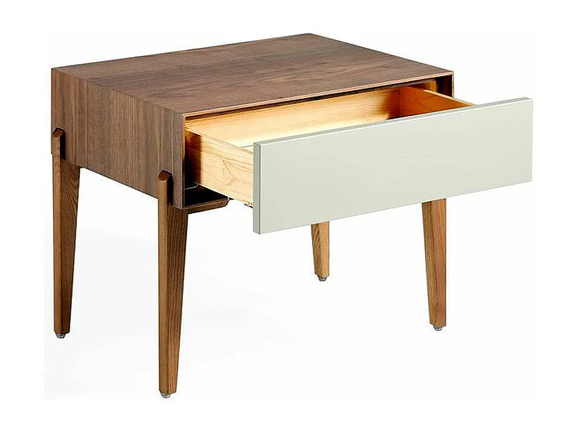 Chevet 1 tiroir bois laqué et bois noyer Muza-Couleur Crème