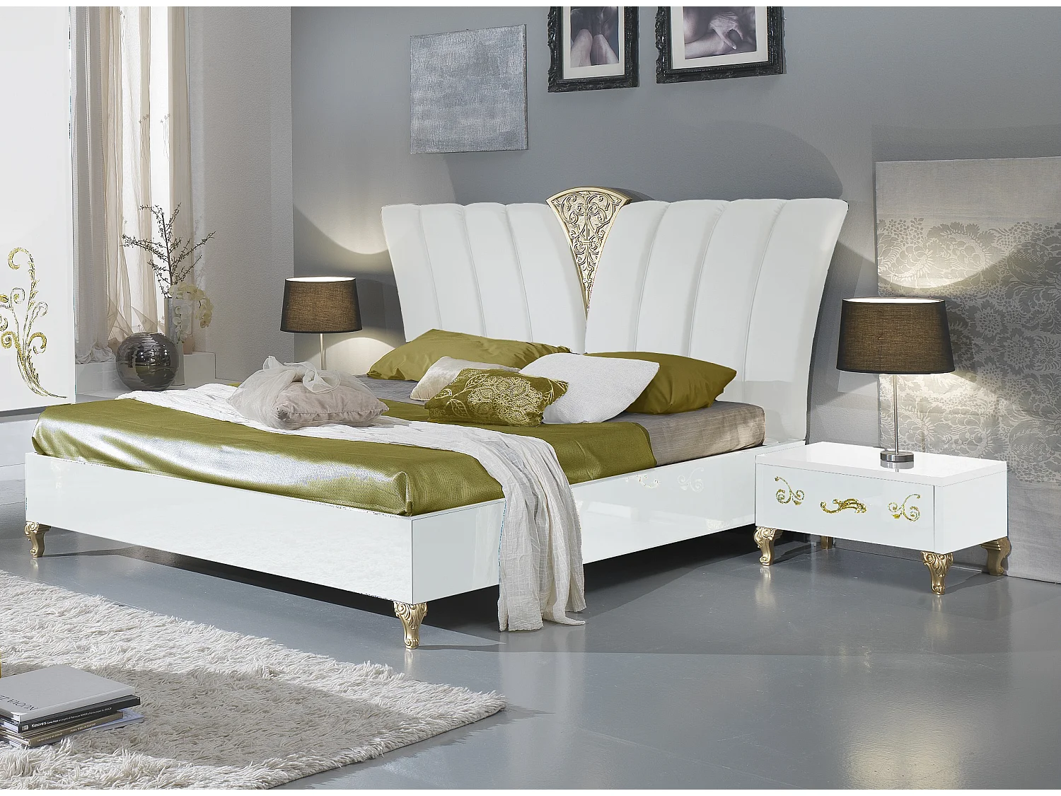 Chevet 1 tiroir design bois laqué blanc et doré Jade 60cm