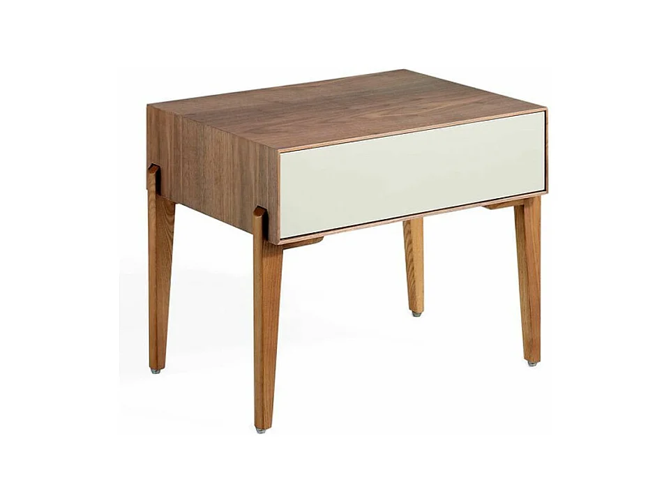 Chevet 1 tiroir bois laqué et bois noyer Muza-Couleur Pearl