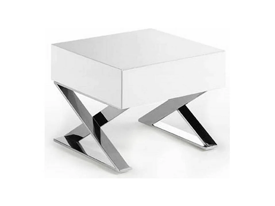 Chevet design 1 tiroir bois laqué et acier chromé Lony-Couleur Blanc