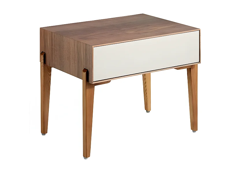 Chevet 1 tiroir bois laqué et bois noyer Muza-Couleur Hermes
